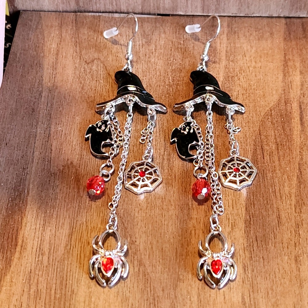 Halloween Witch Hat Ghost Spider Web Dangle Earrings Silver Red Black Gothic